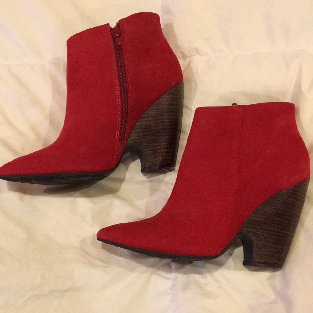 Madison Harding red suede ankle booties